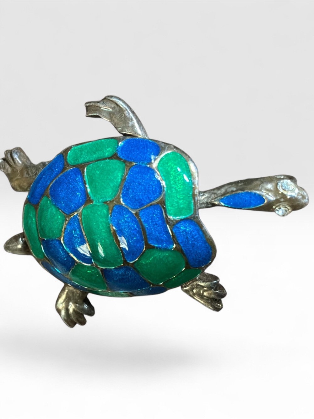 Vintage Blue Green Enamel Turtle Brooch Pin Rhinestone Eyes Sea Turtle Tortoise